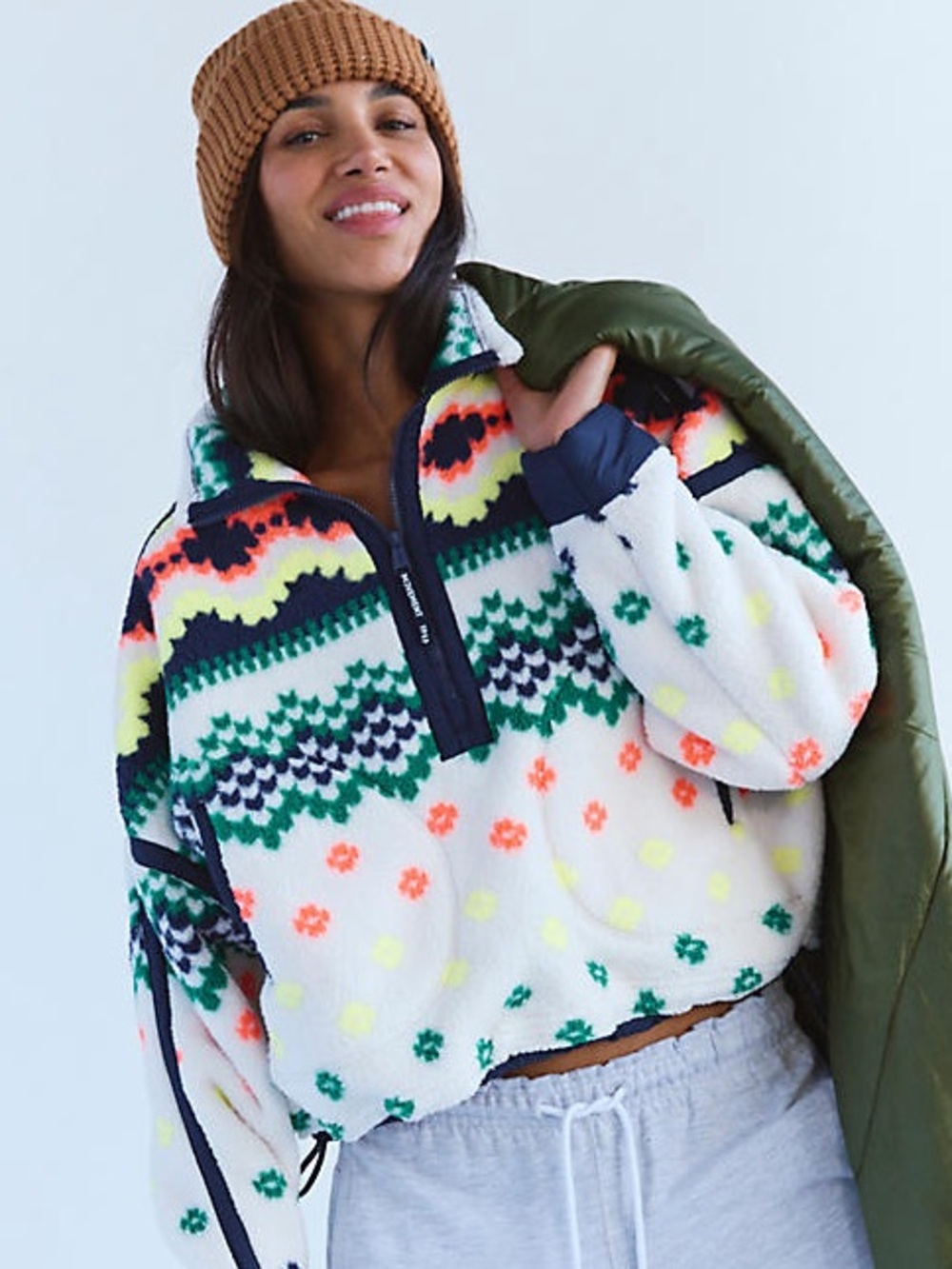 NWT FREE PEOPLE MOVEMENT Mountain High Printed Half-Zip Fleece | Blue Knit Ivory